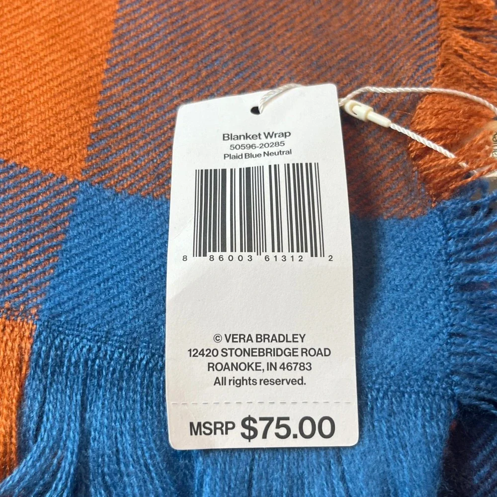 Vera Bradley Blanket Scarf Wrap Plaid Blue Neutral 40
